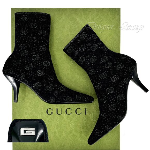 NEW GUCCI Demi Logo-Jacquard Metallic Stretch-Knit Ankle Boots EU 37 $1,250 - Picture 1 of 12